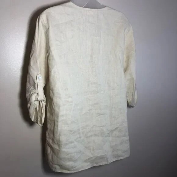 SYMPLE NYC BEIGE W/ORANGE-PEACH EMBROIDERED TUNIC W/ROLL TAB SLEEVES MEDIUM-NICE - Picture 5 of 6